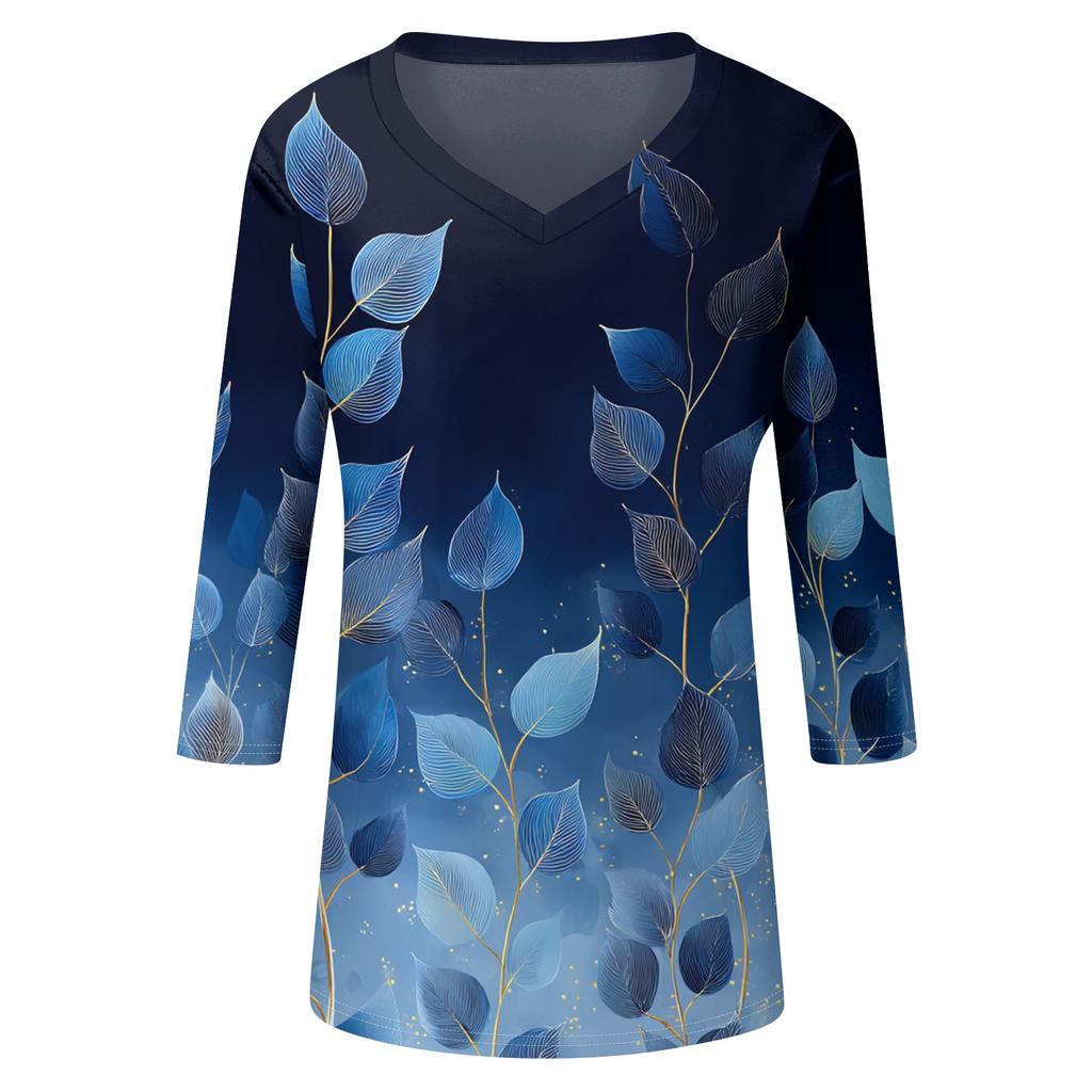 Womens V Neck Shirt 3/4 Sleeve Loose Fit Casual Blouse Floral Print Lightweight Top for Everyday Wear