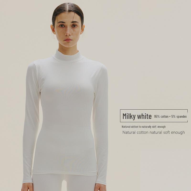 Women's Slim Fit Pure Cotton Mid-Neck Sweater - Solid Color, Autumn/Winter Warm Innerwear