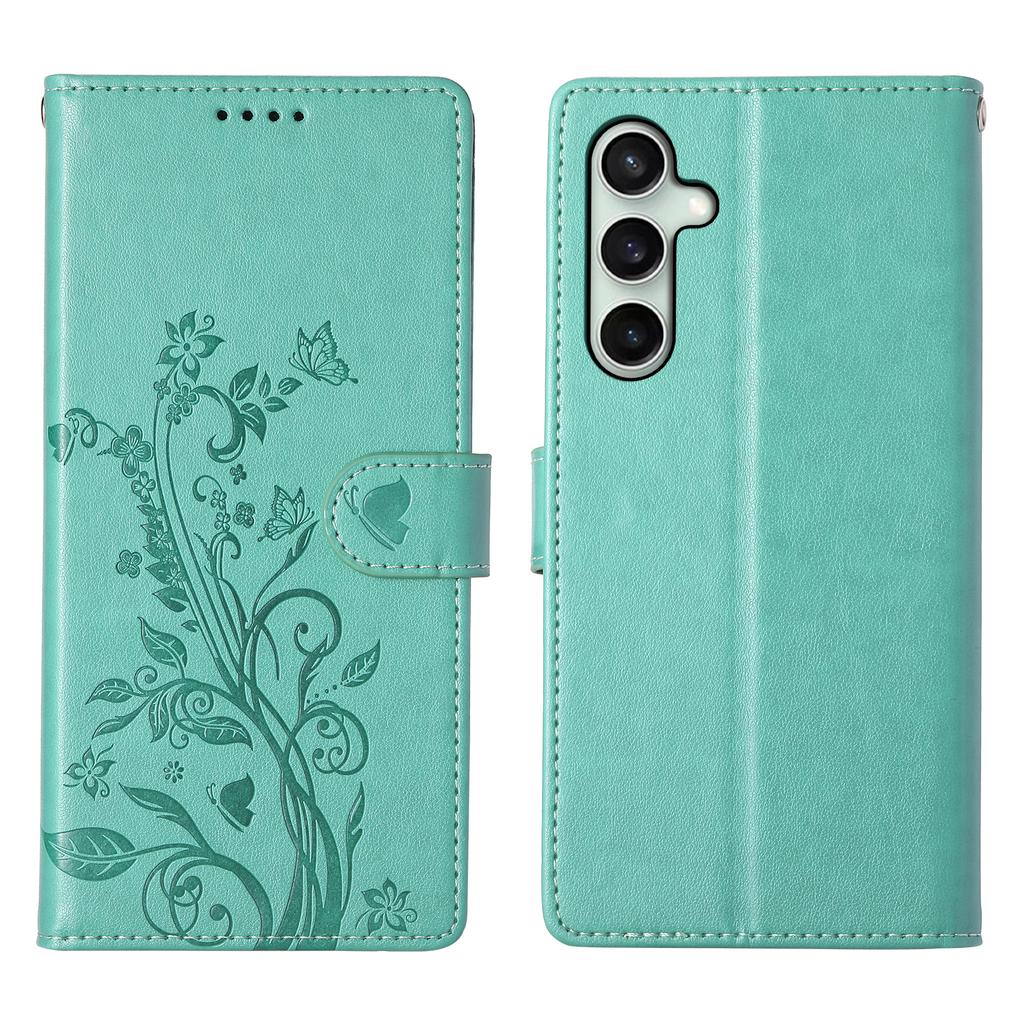For Samsung Galaxy S25 FE Wallet Case Butterfly Floral Imprint PU Leather Phone Cover with Wrist Strap