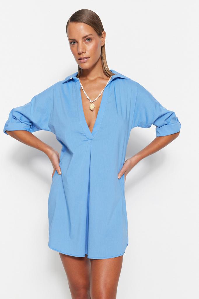 Women's Dress New Season Fashion Blue Mini Woven 100% Cotton Beach Dress