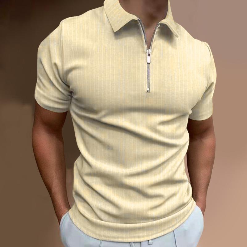 Summer Casual Slim Fit Short Sleeved Striped Zipper Lapel T-shirt Top Polo Shirt