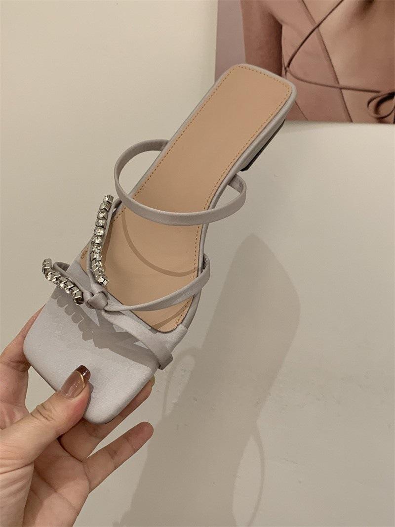 

French square head cross with rhinestone thick heel slippers women s 2025 summer new open-toed temperament with skirt cool slippers 40