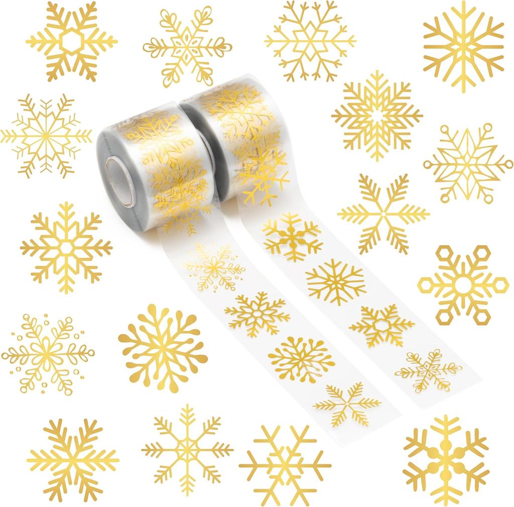 Gold Foil Marry Christmas Stickers Winter Snowflower Xmas Transparent Sealing Label Self Adhesive Presents Cards Logo Tag Paster
