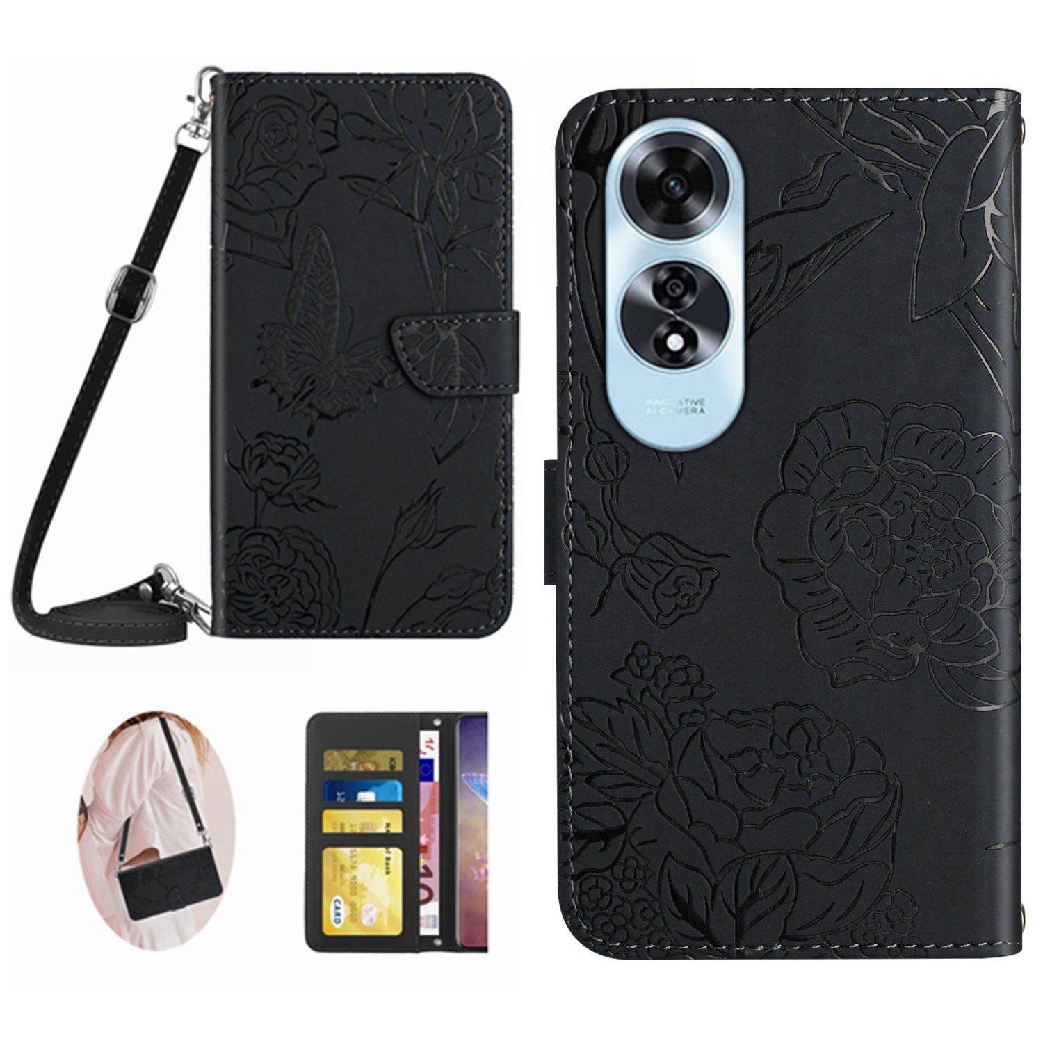

HT03 For Oppo A60 4G Leather Case Butterfly Flowers Crossbody Wallet Phone Cover Black