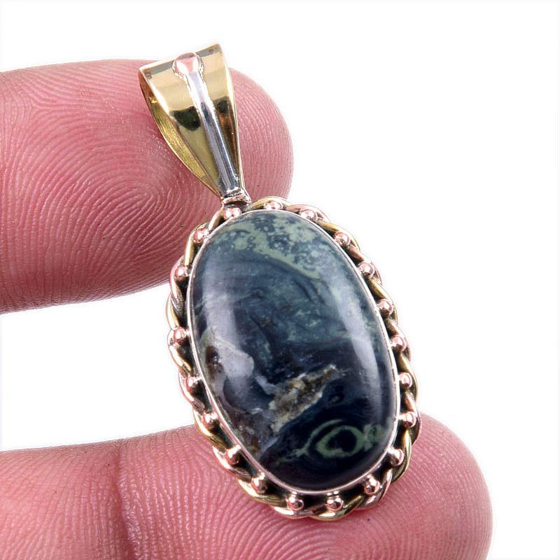 

Natural Green Pietersite Gemstone 925 Solid Silver Two Tone Pendant 1.50 F6B03