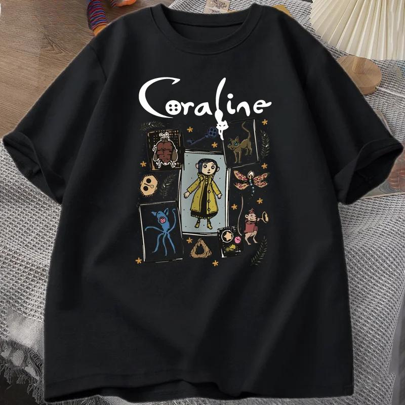 

Футболка Coraline Halloween для мужчин, жуткая винтажная футболка Harajuku, осенняя футболка с коротким рукавом, хлопковая женская одежда, футболки мужские XXL чёрный