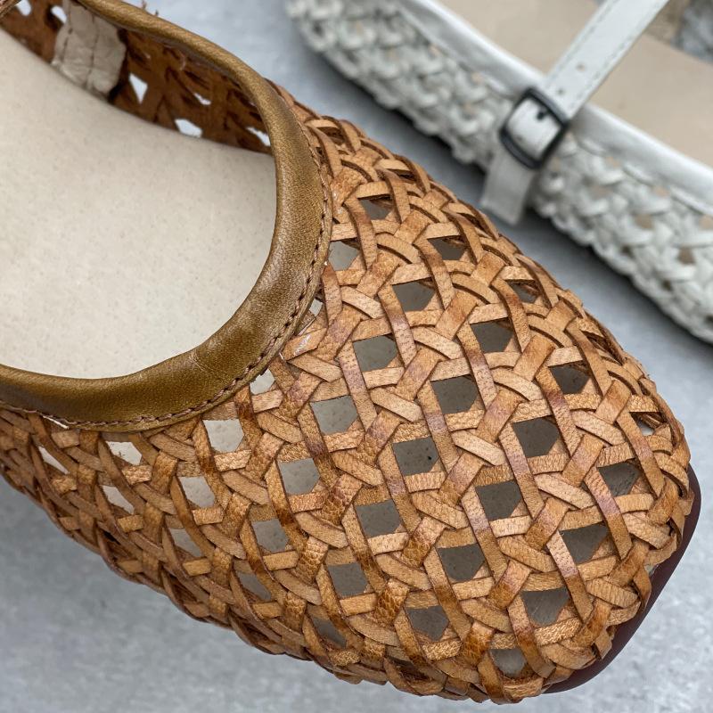 Johnature Handmade Cowhide Woven Hollow Women's Shoes Breathable Comfortable Genuine Leather Flat Sandals