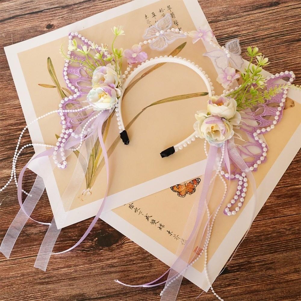 Silk Ribbon Butterfly Flowers Hairband Pearl Beads Decorative Headwear Floral Headwear  Women Wear