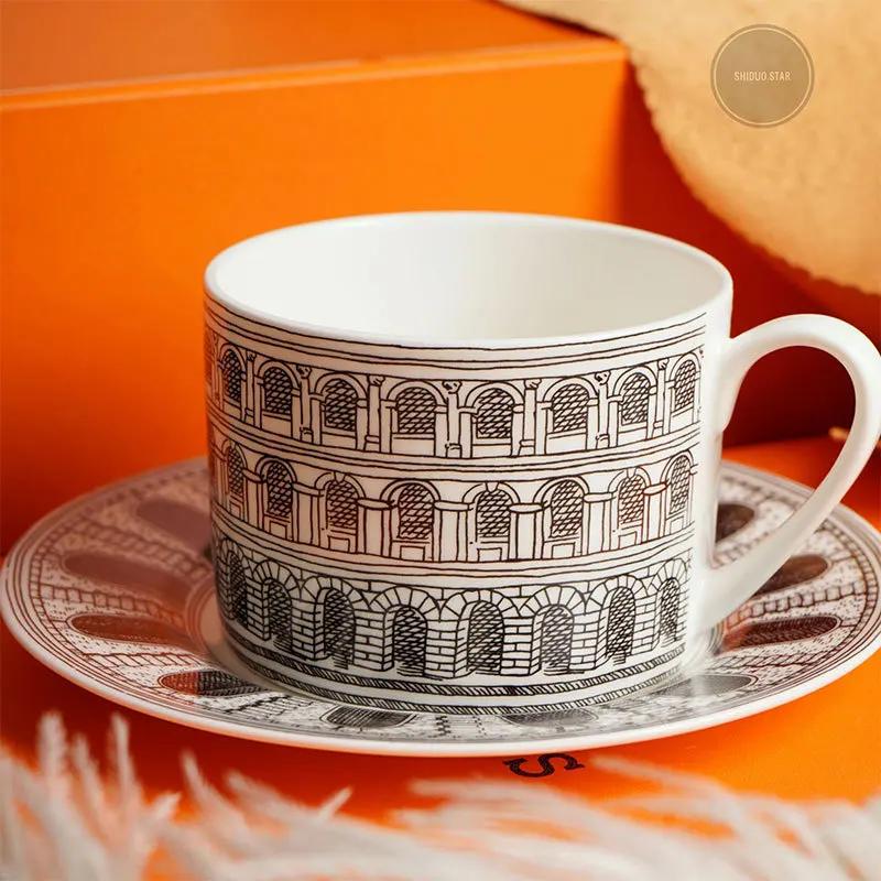 

European-style Black-and-white Architectural Art Ceramic Mugs and Saucers Coffee Cups and Saucers Tableware Afternoon Teacups 220ML