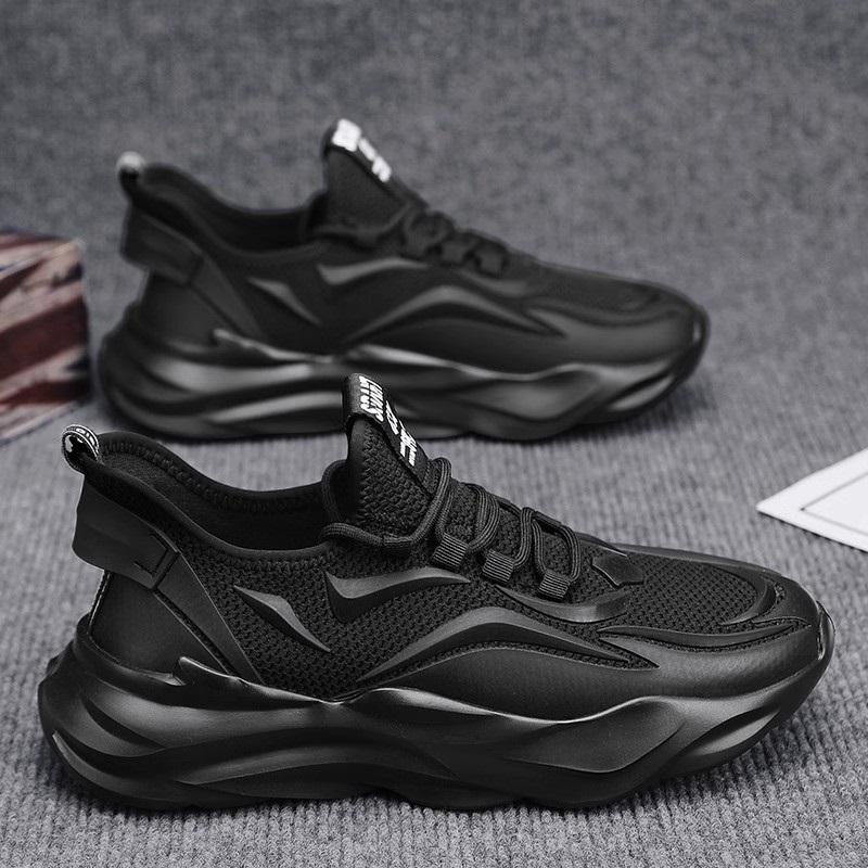 Autumn Men Pure Black Dad Sneakers Knit Mesh Breathable Height Increasing Casual Shoes