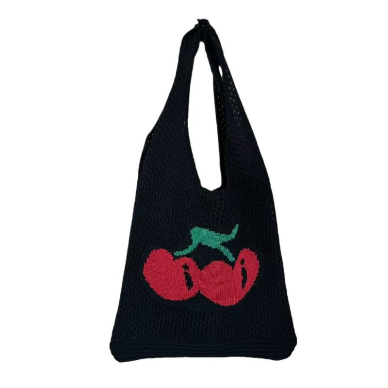 Summer Hollow Out Shoulder Bag Cherry Desing Knit Bag Hand Woven Fashionable Beach Simple Shopper Totes
