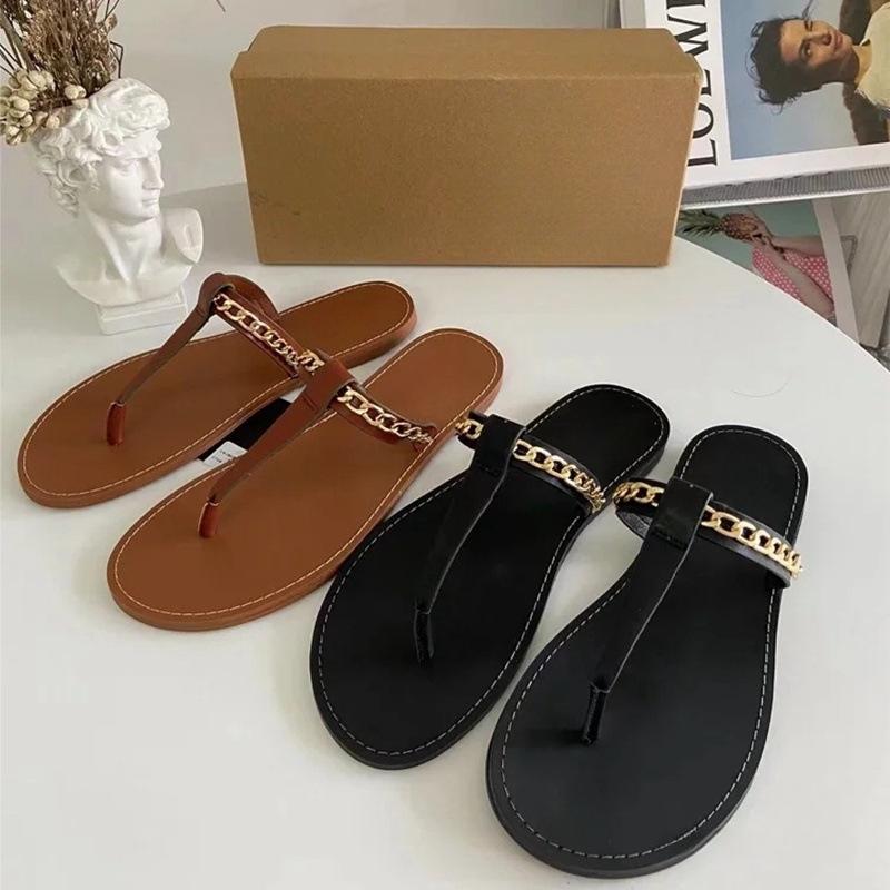 ZA New Fashion Round Toe Herringbone Flat Sandals Women's Metal Chain Slippers