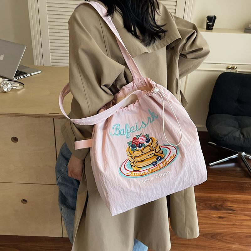 Canvas Bag Women'S Large Capacity Summer Simple Versatile Shoulder Bag Drawstring College Student Class Tote Bag