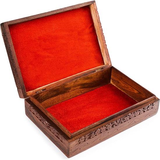 Wooden Jewellery Box, Decorative Storage Organizer-Intricate Carved, 10 X 6 In