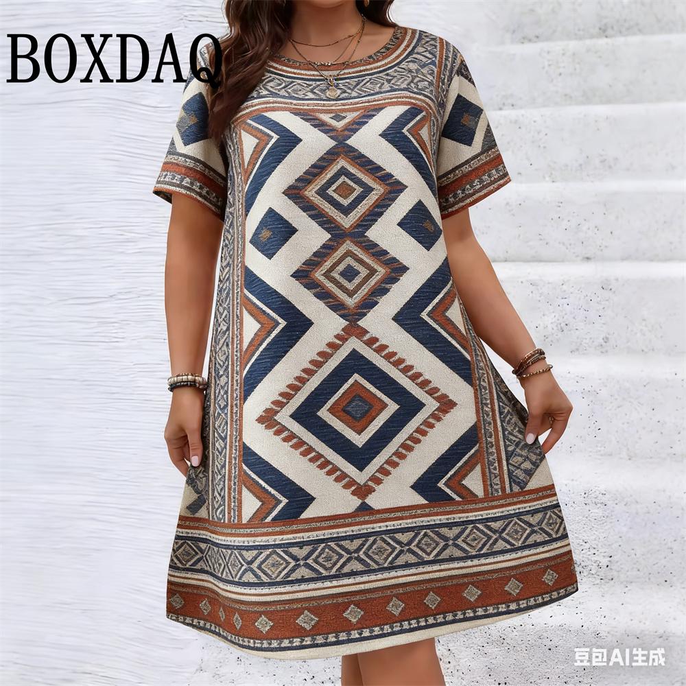 Vestito da Festa Geometrico Etnico Vintage Taglie Forti Donna Casual Scollo O Manica Corta Mini Abiti Per Donna Estate Larghi