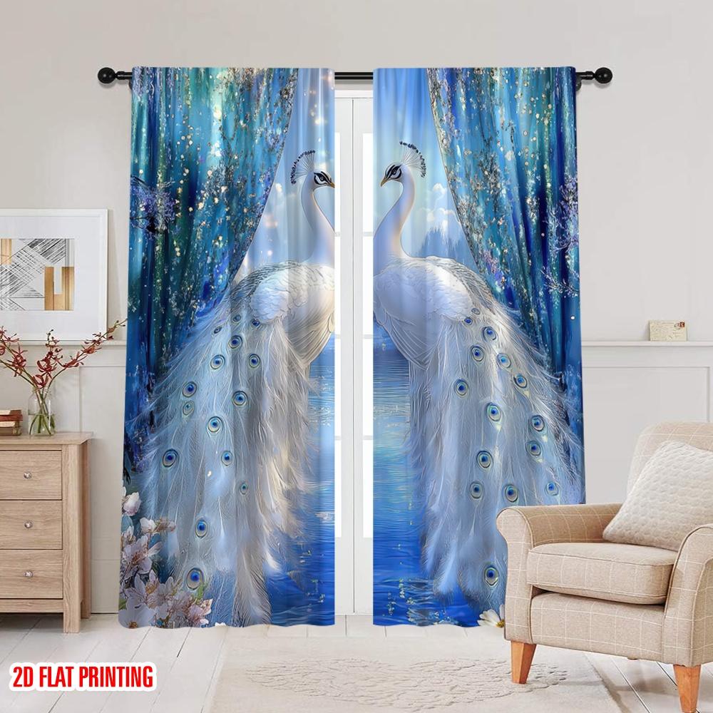 2D Flat Printing 2pcs Window Drapes Peacock Durable 100% Polyester Fabric,Without Electricity Versatile Suitable for Indoor