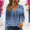 Women Plus Size V Neck Long Sleeve Abstract Printed Eyelet Chain Lace Up Top