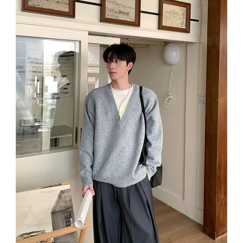 Men s V-Neck Two-Piece Look Hoodie - Textured, Loose Casual Sweater for Spring/Autumn Double Extra Large светло-серый