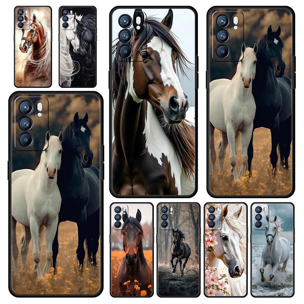 Black White Horses Galloping Case For Oppo Reno13 Reno12 Reno11 F Reno10 Pro A54 5G Find X5 A53 A52 A9 A17 4G A79 A80 A98 Cover