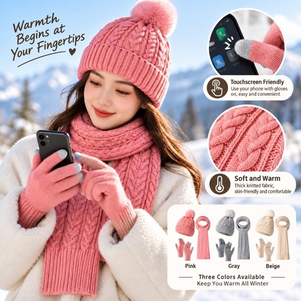 3Pcs/Set Thicken Winter Hat Scarf Gloves Set Warm Scarf Neck Warmer Suit Touchscreen Gloves  Unisex