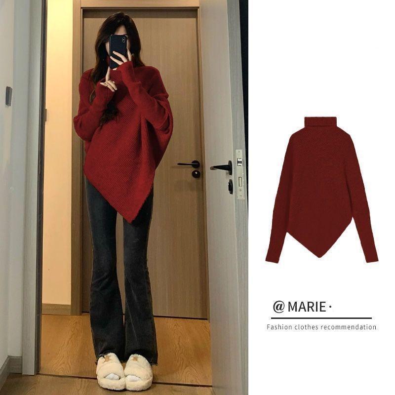 

Осень Зима Высокий Воротник Повседневная Мода Необычный Свитер Женский Однотонный На Все Случаи Жизни Вязаный Пуловер Топ S красный