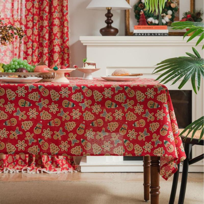 1PC Christmas Biscuit Man Print Japanese Cotton and Linen Red Festive Table Cloth Decoration Kitchen Rectangle