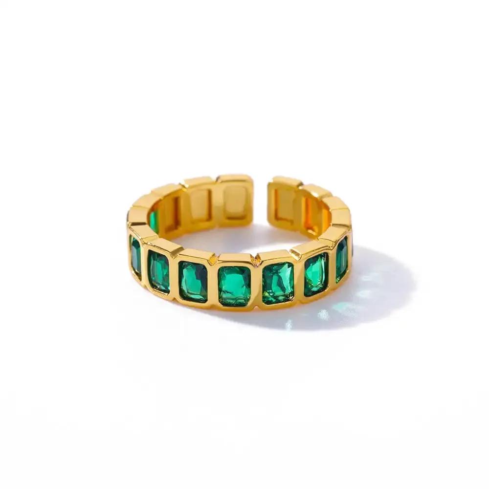 

Luxury Geometric Square Colorful Zircon Opening Rings for Women Charm Gold Color Stainless Steel Party Finger Jewelry Accessory resizable зелений