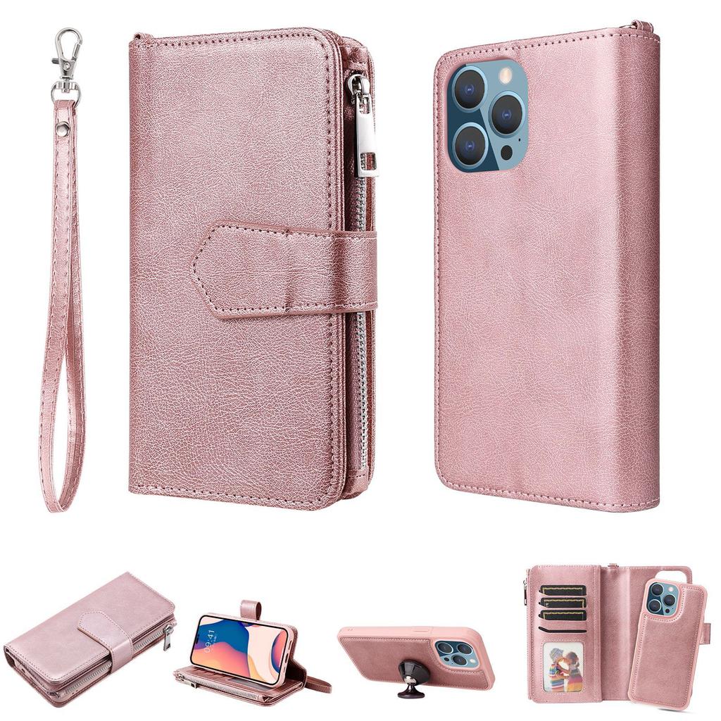 Suitable for iPhone15 mobile phone leather case 15plus solid color multi-function zipper wallet magnetic suction two-in-one case