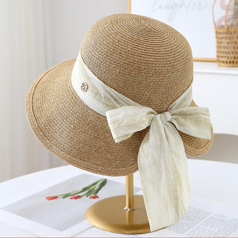Elegant Webbing Big Eaves Sunshade Straw Hat Women's Summer Leisure Versatile Sunscreen Basin Hat Vacation Bucket Hat