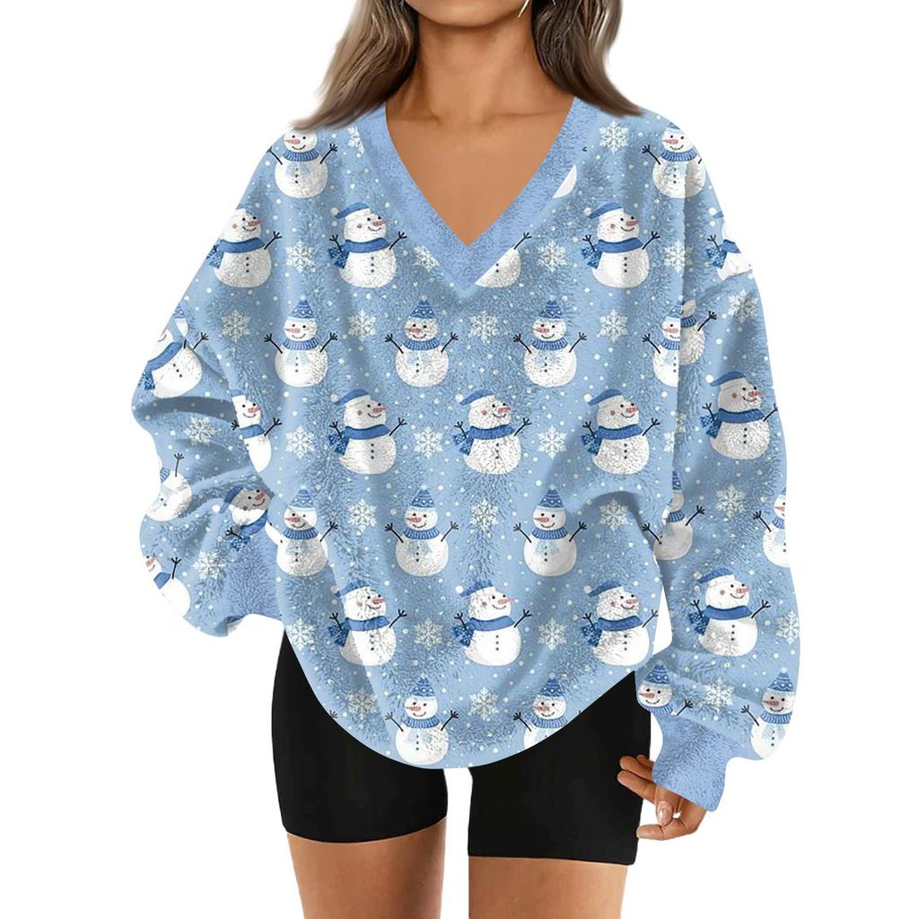 Women's Fashionable V-neck Christmas Printed Long Sleeved Casual Pullover Plush Warm Pocket Sweatshirt Top
