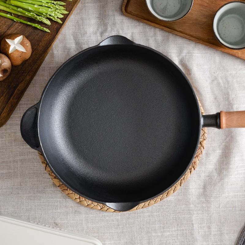 Poêle plate en fonte profonde ZISIZ avec manche en bois