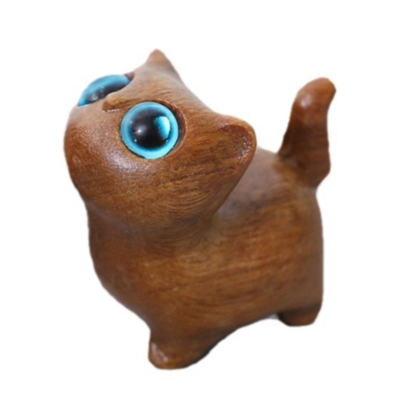 Handcrafts Wooden Cats Figurine with Unique Eyes Carved Kitten Miniature Ornament for Home Decors and Art Collectors