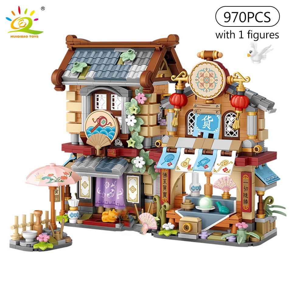 HUIQIBAO City Mini Street View Panda Tea House Model Building Blocks DIY Little Bear Coffee Shop Bricks Toys for Children Adult