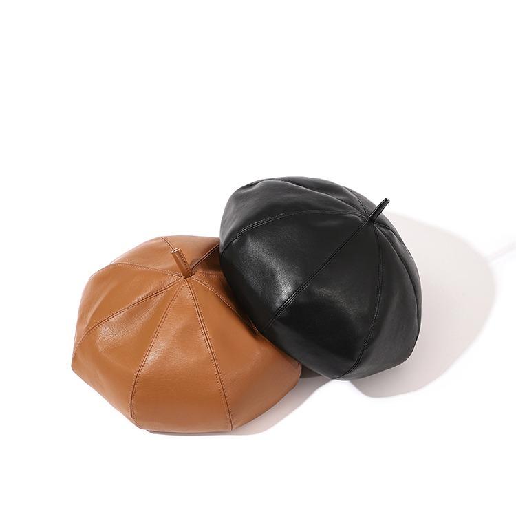 Pu Leather Octagonal Beret British Retro Painter Hat Female Autumn and Winter Tide Versatile Model