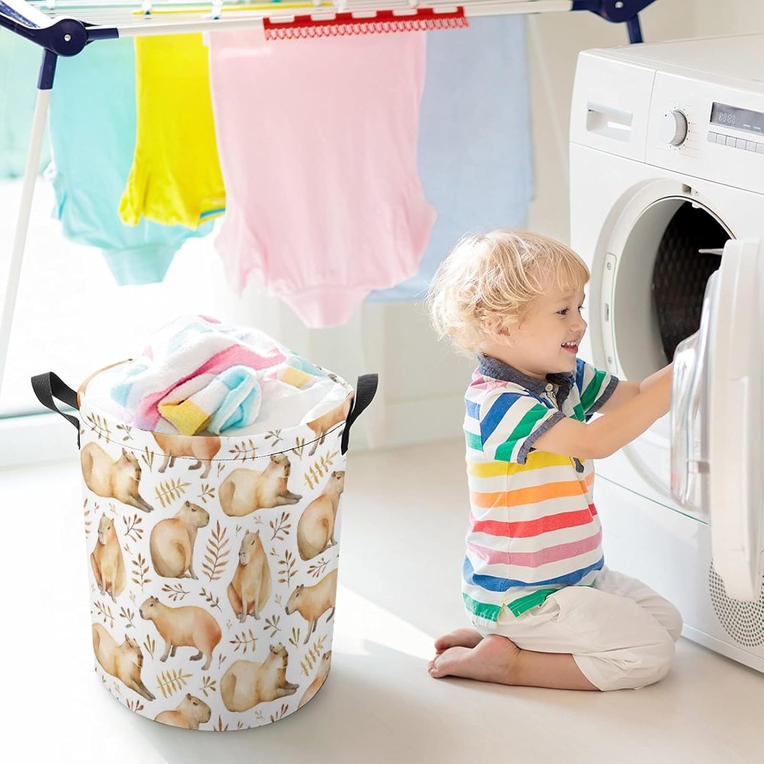 Adorable Capybara Laundry Basket Hamper Canvas Bag Fabric Storage Bin Round with Handles and Drawstring Closure
