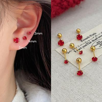 Classics Luxury Round Red Zircon Bead Stud Simple Earrings for Women Fashion Body Piercing Trend Jewelry Accessories Party Gifts