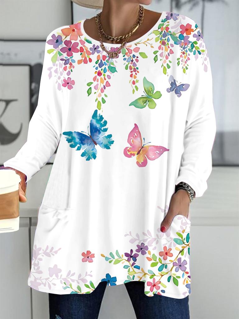 2025 Autumn Winter New Plus Size Women's Tops, Butterfly 3D Print Fashion Crew Neck Long Sleeve T-Shirts