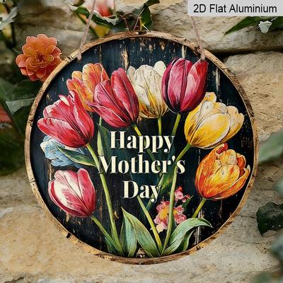 2D Flat 1pc Aluminum Mother's Day Tulip Wall Art with Black Background, 7.87“ X 7.87” Perfect for Hanging On Front Doors, Porches, and Both Indoors