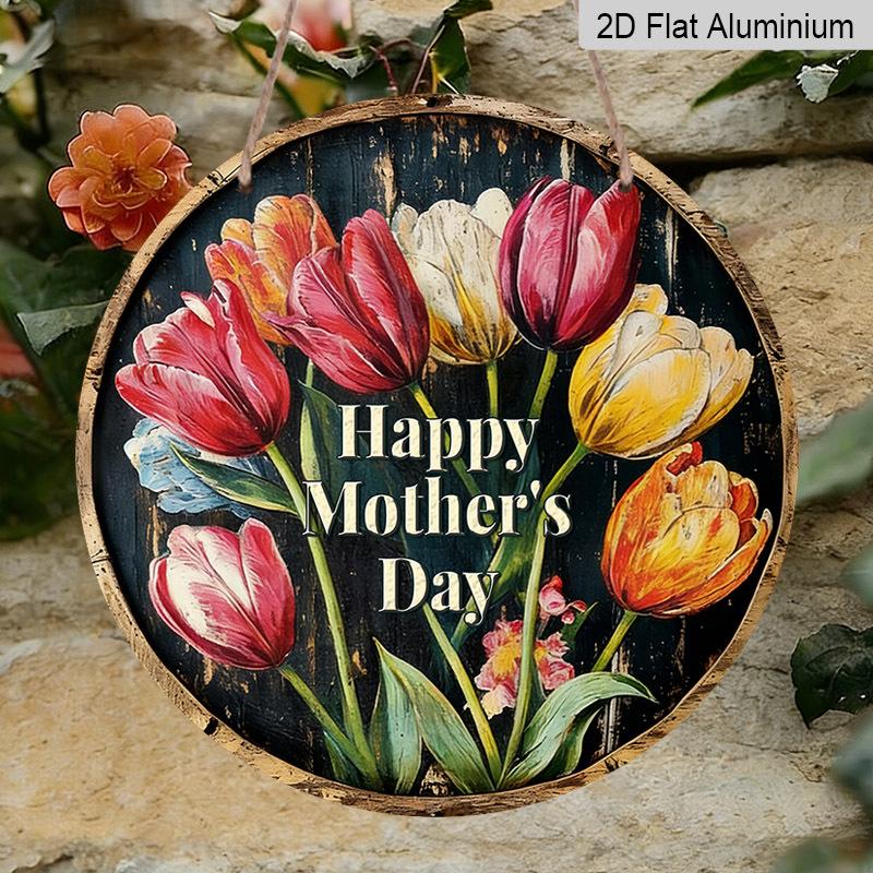 

2D Flat 1pc Aluminum Mother s Day Tulip Wall Art with Black Background, 7.87“ x 7.87” Perfect for hanging on front doors, porches, and both indoors 1pc