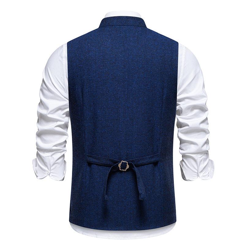 Autumn British Style Retro Vest For Men Fashion Stand Collar Herringbone Coarse Tweed Suit Vest Waistcoat Vintage Gentleman