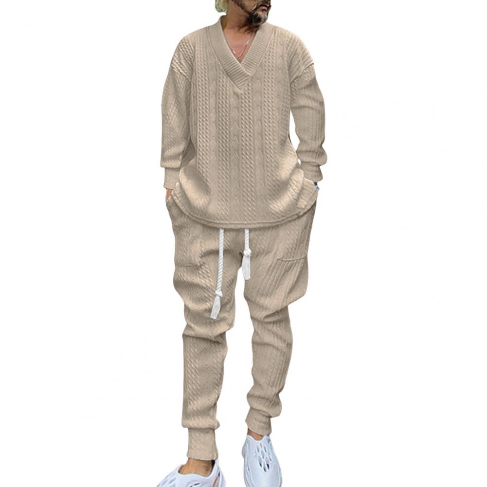 2Pcs/Kit Male Athletic Activitieswear Suit V-Neck Long Sleeve Tops Elastic Drawstring Waist Sweatpants with Pockets Kit Twist  Practical Use