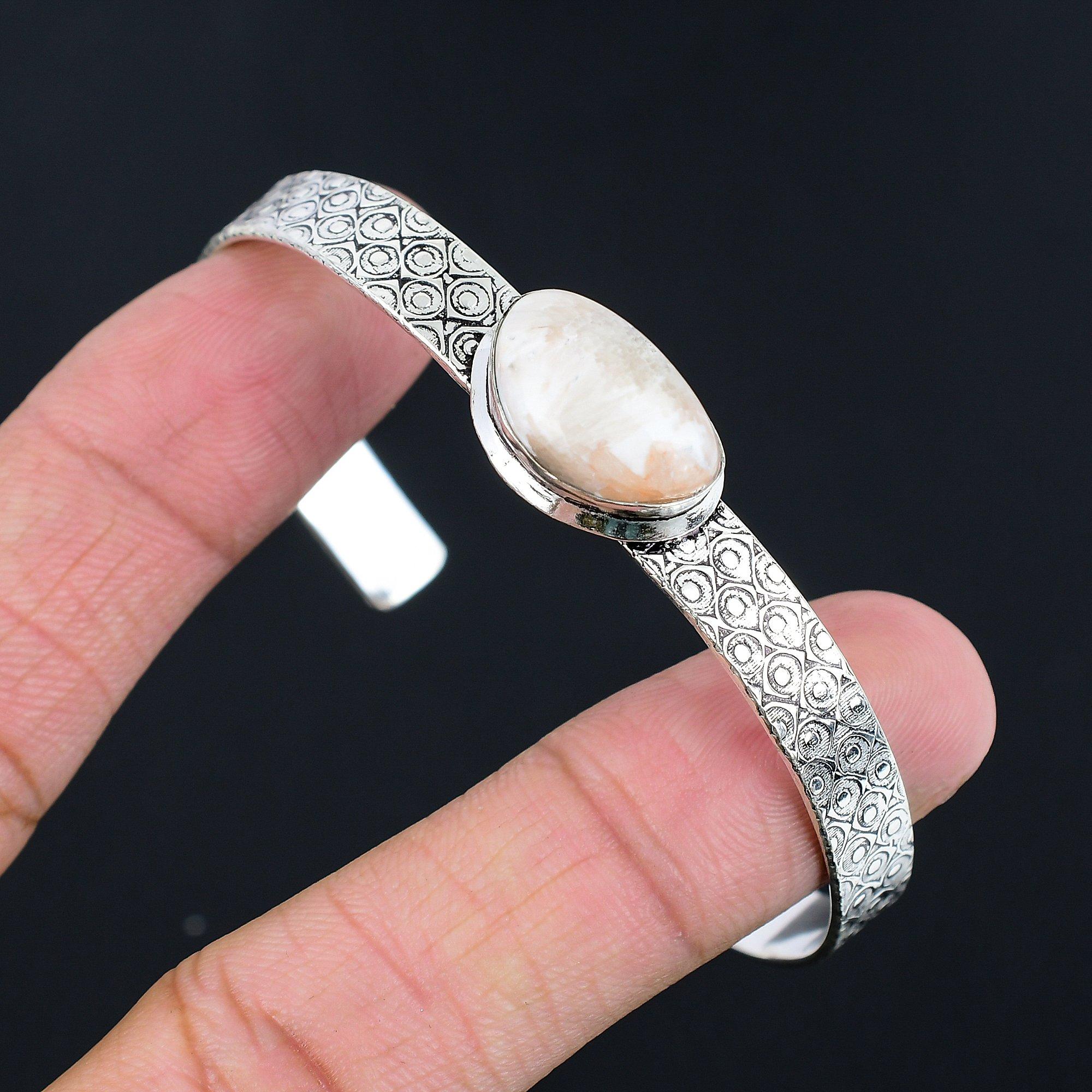 

Wedding Gift For Her 925 Silver Natural Scolecite Gemstone Bangle Adjustable Adjustable