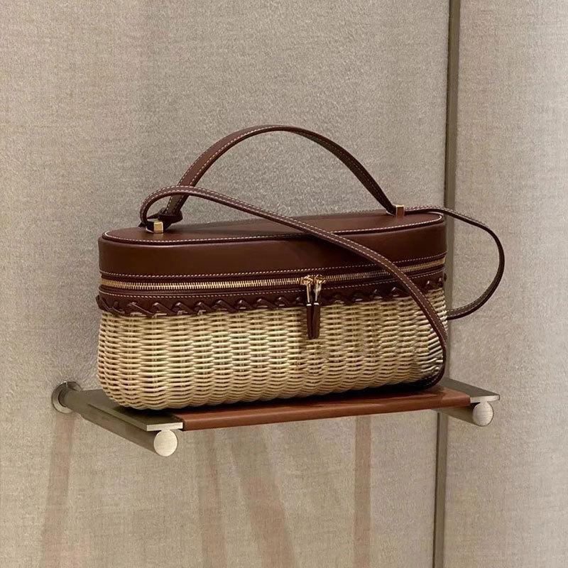 2025 Luxury Designer Fashion Woven Bamboo Box Bag Women Trendy PU Leather Splicing Rattan Handbags Travel Versatile Shoulder Bag