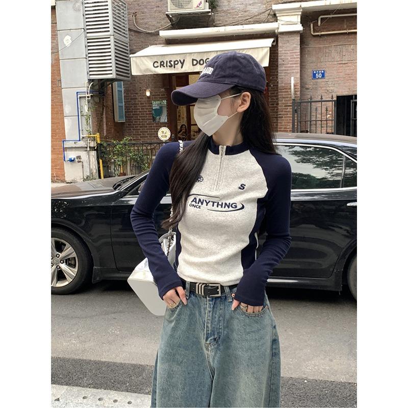 Spring half-zipper stand-up neck bottoming shirt contrasting color embroidery shoulder sleeves long-sleeved shirt Spice Girl top