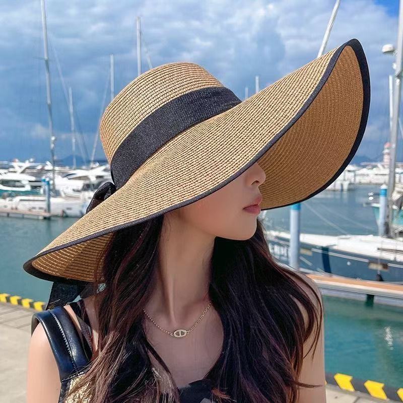 Popular summer beach travel bow webbing straw hat women's large-brimmed hat sunscreen versatile cool hat