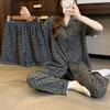 Premium Leopard Print Spring and Summer Imitation Cotton Pajamas Women's Old Money Style Retro Short-sleeved Three-piece Loungewear