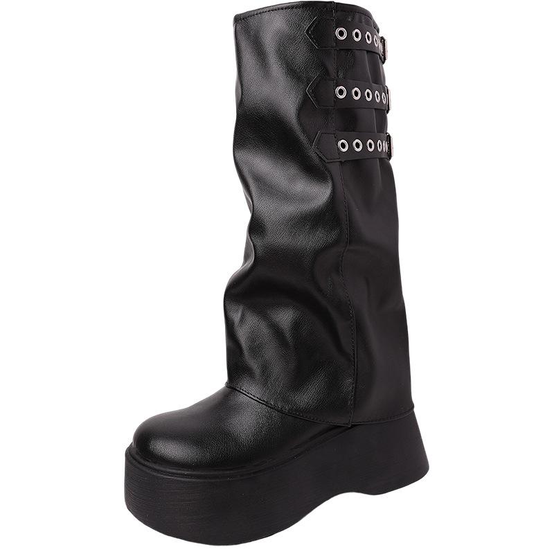 Niche belt buckle classic fashion thick-soled heightening trouser boots women's 2025 autumn and winter new but knee knight boots