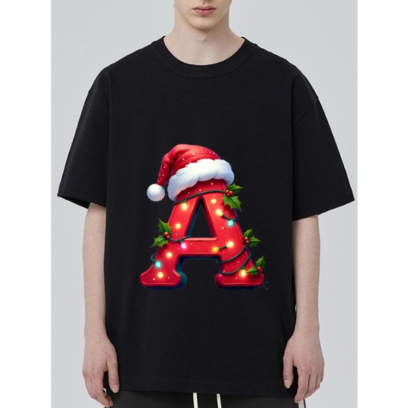

Christmas Letter A T-Shirt Black Santa Hat and Lights Print Holiday Party Wear XXXXL