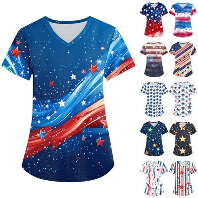 Dames bedrukt uniform werkuniform V-hals met zakken basic trui met korte mouwen