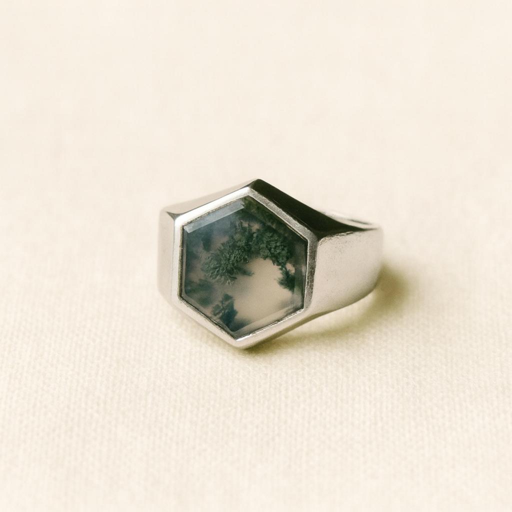 Green Moss Agate Signet Ring, 925 Sterling Silver, Hexagon Minimalist Gemstone Jewelry